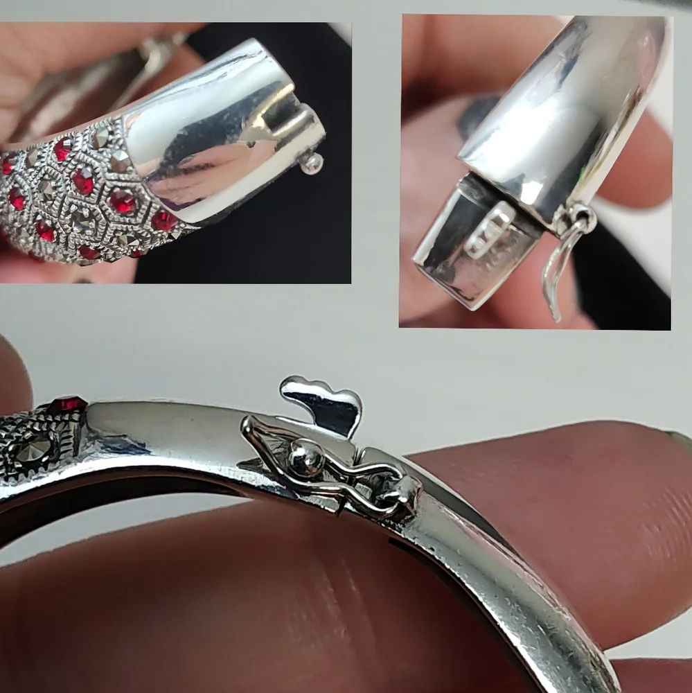 1930's Art Deco Sterling Silver Red Paste Rhinestone Marcasite Hinged Bracelet